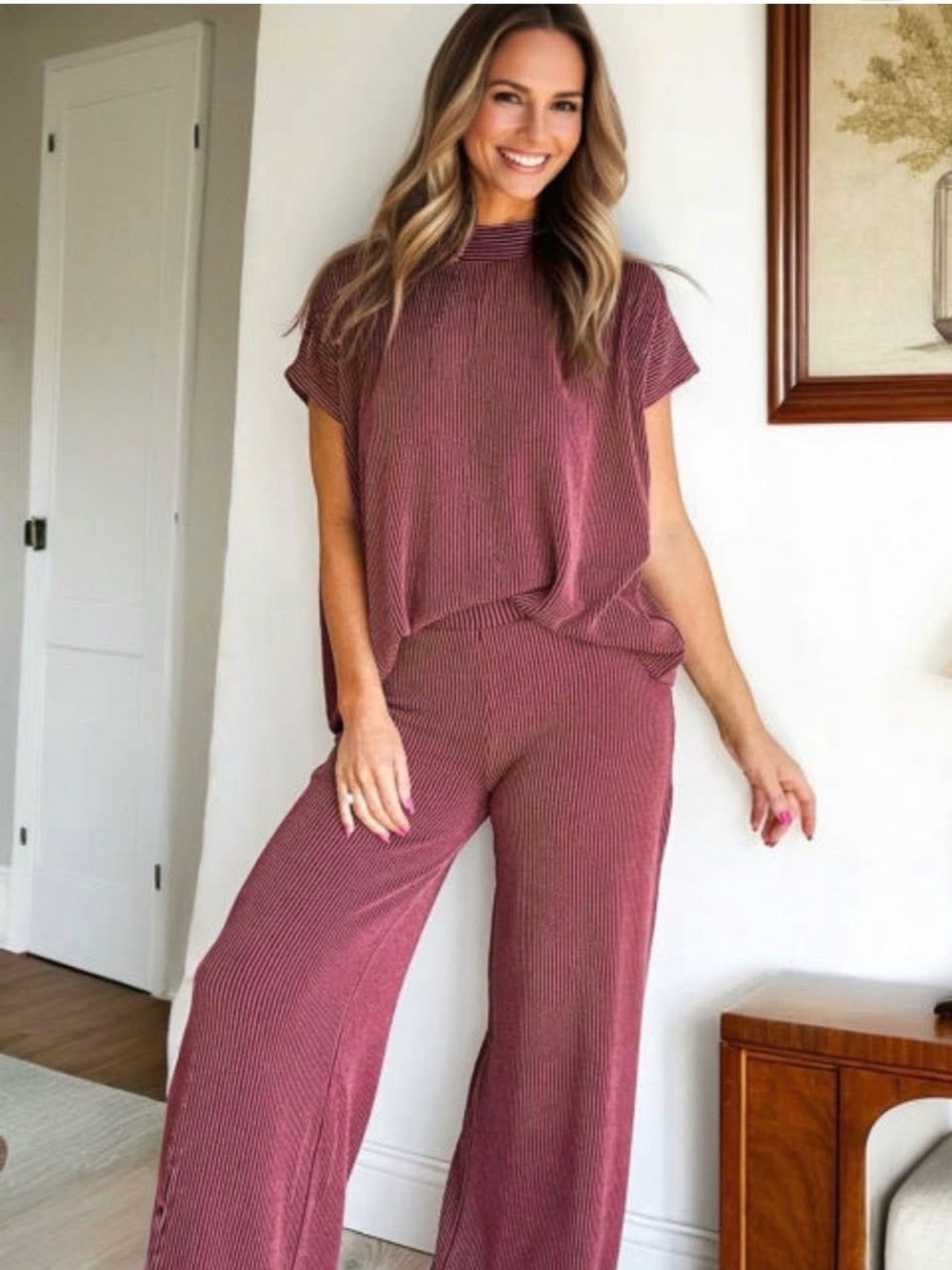 Zenana Outfitters Ribbed Wide-Leg Set - Rose